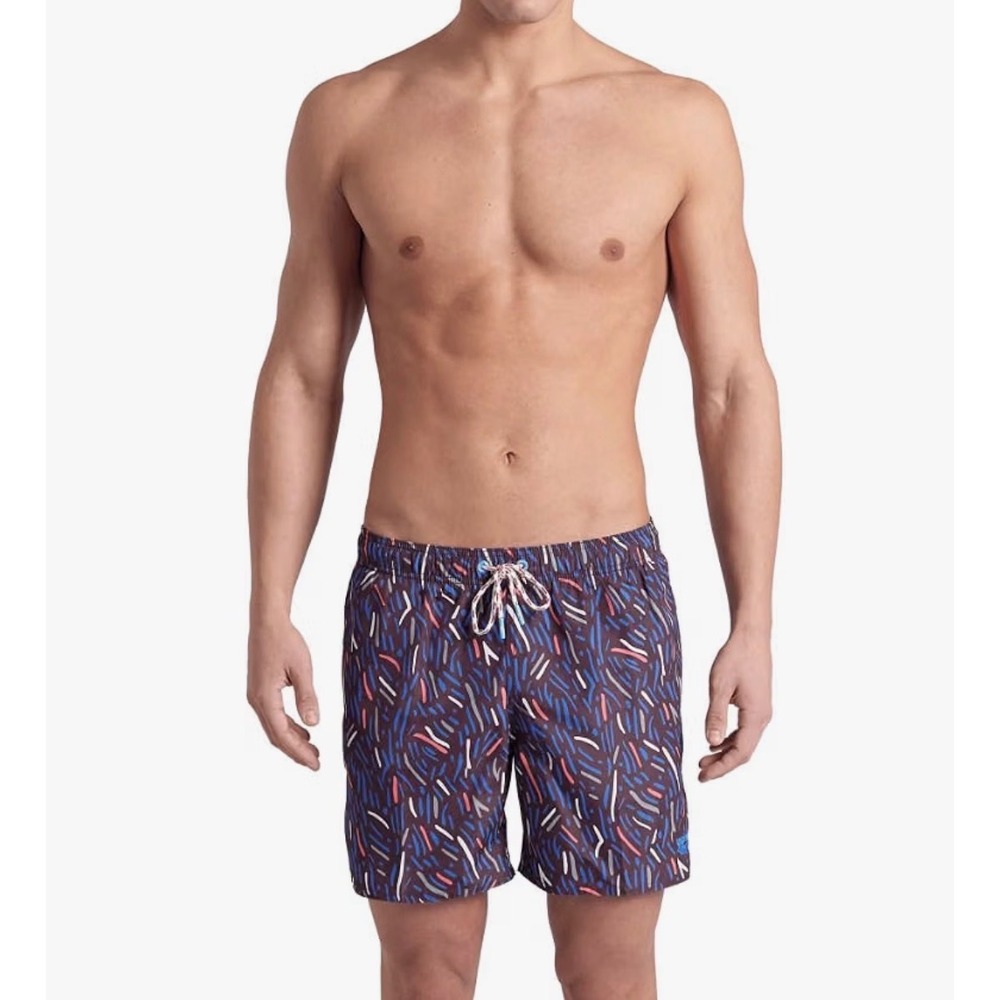 Arena Mens Fundamentals Allover Swim Shorts Abstract Dash Brown Blue Red Size M
